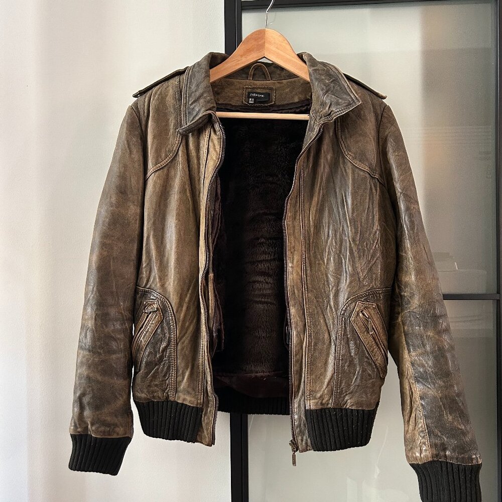 Zara Leather Bomber Jacket Olive-Brown, Medium